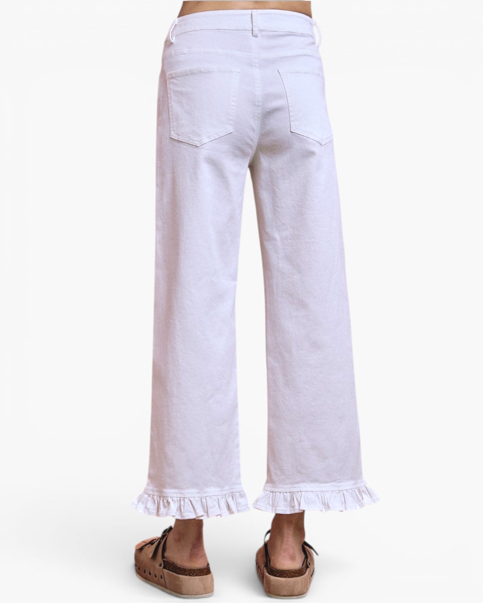 White wide-leg cropped pants with a ruffled hem, shown from the back on a model wearing brown sandals against a plain white background.