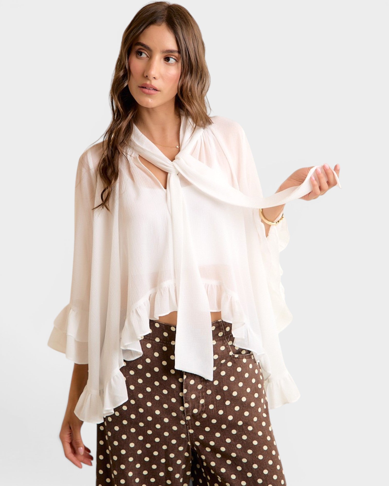 White Ruffle Tie Neck Blouse