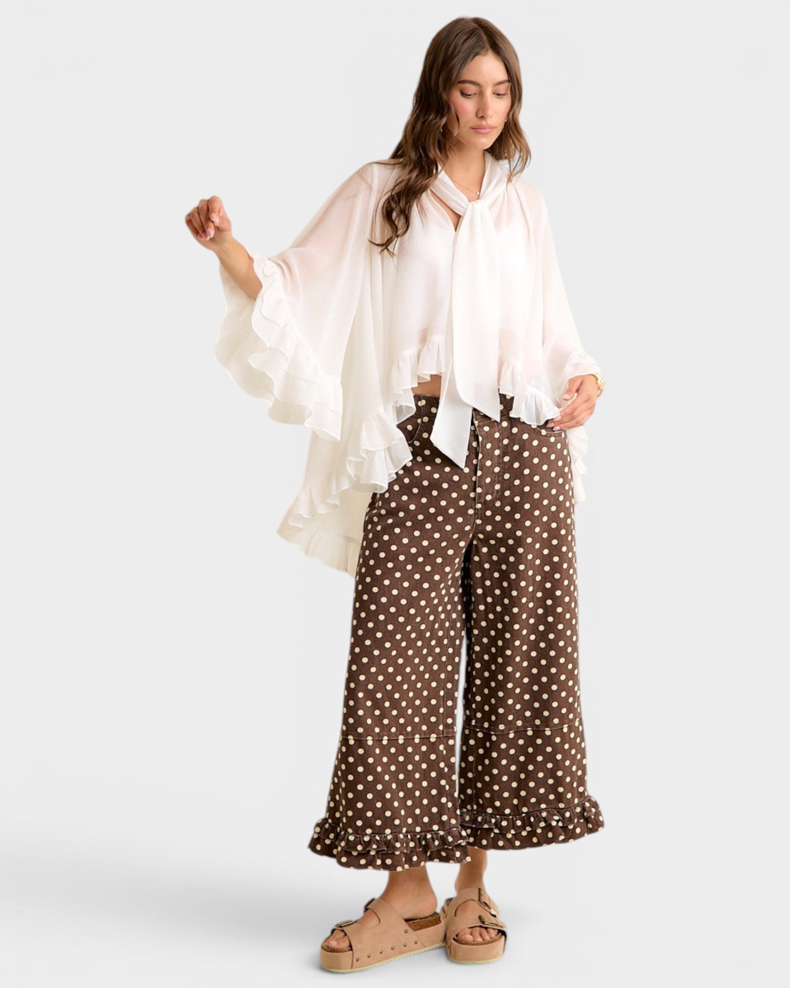 White Ruffle Tie Neck Blouse