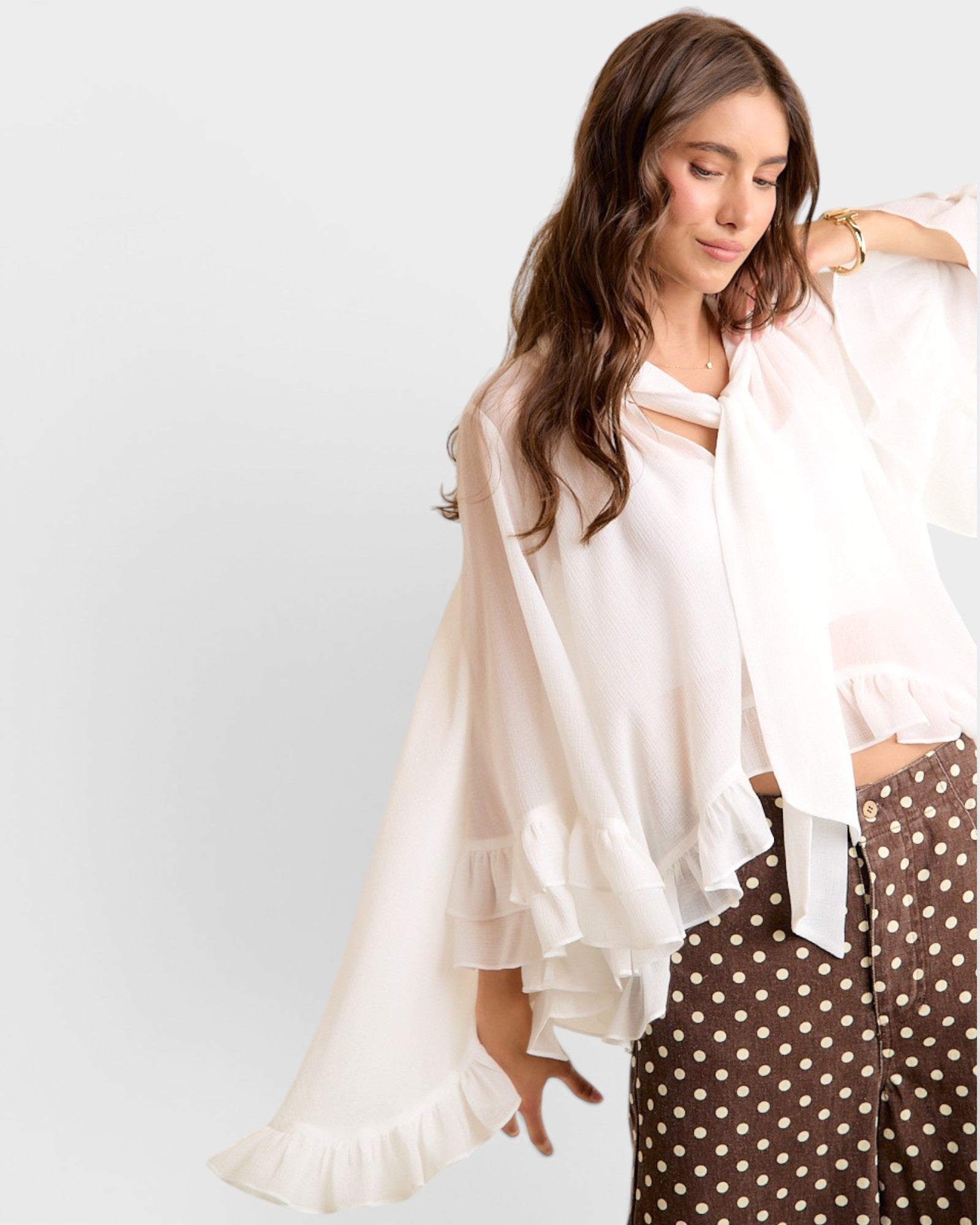 White Ruffle Tie Neck Blouse