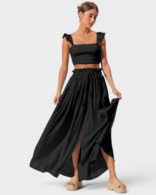 Black Smocked Crop Top & Maxi Skirt Set