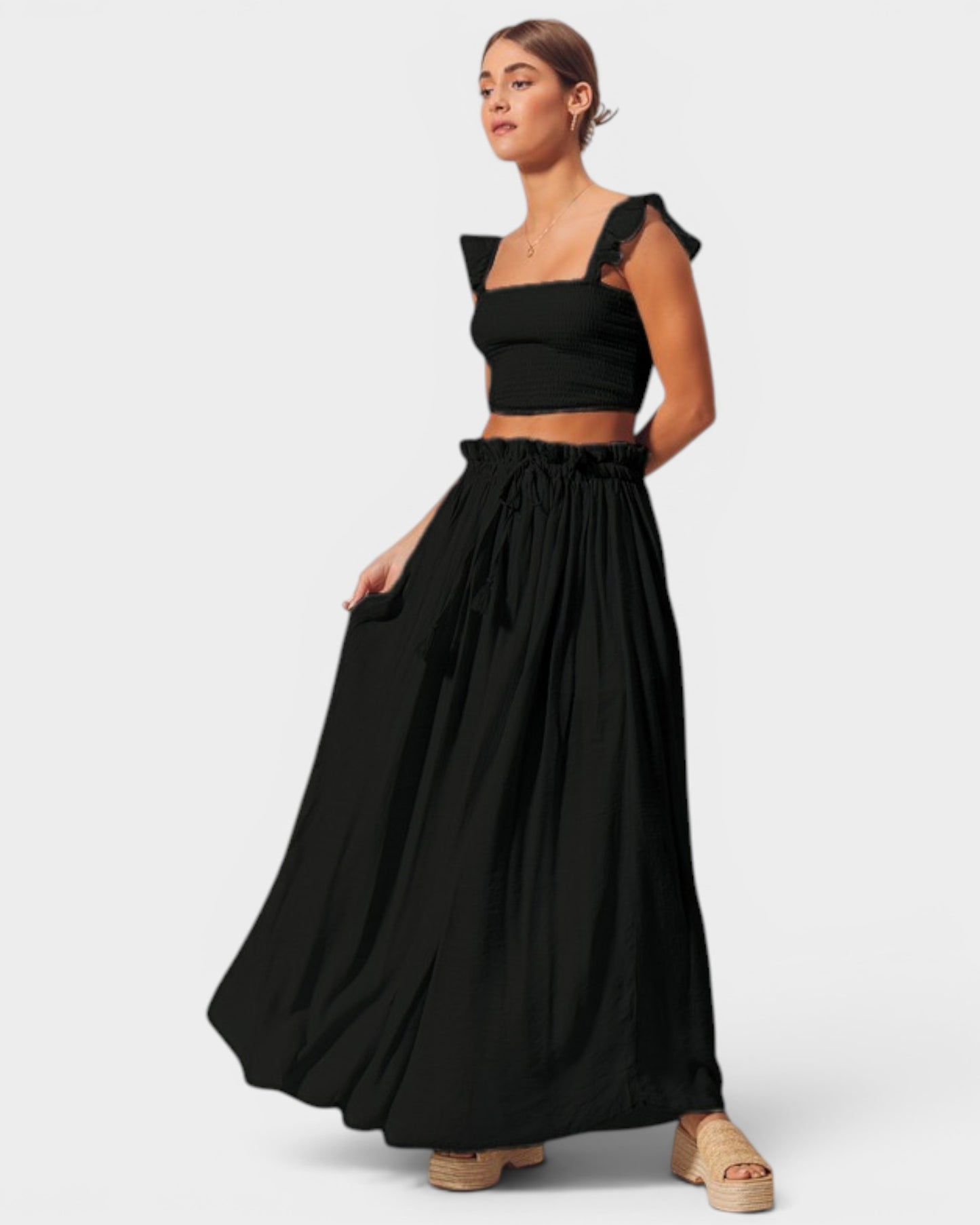Black Smocked Crop Top & Maxi Skirt Set
