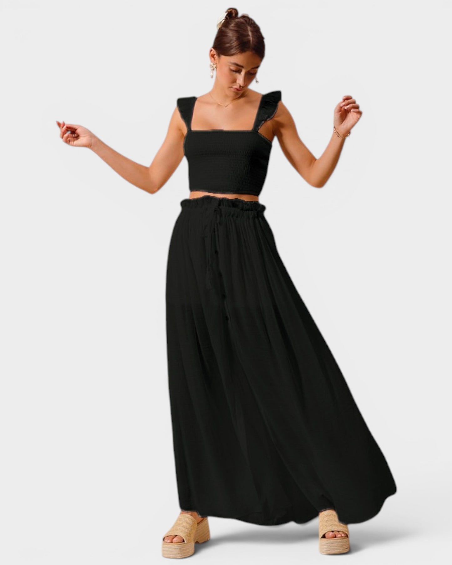 Black Smocked Crop Top & Maxi Skirt Set