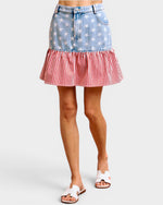 Two-tone skirt with star pattern and red and white striped design on a white background