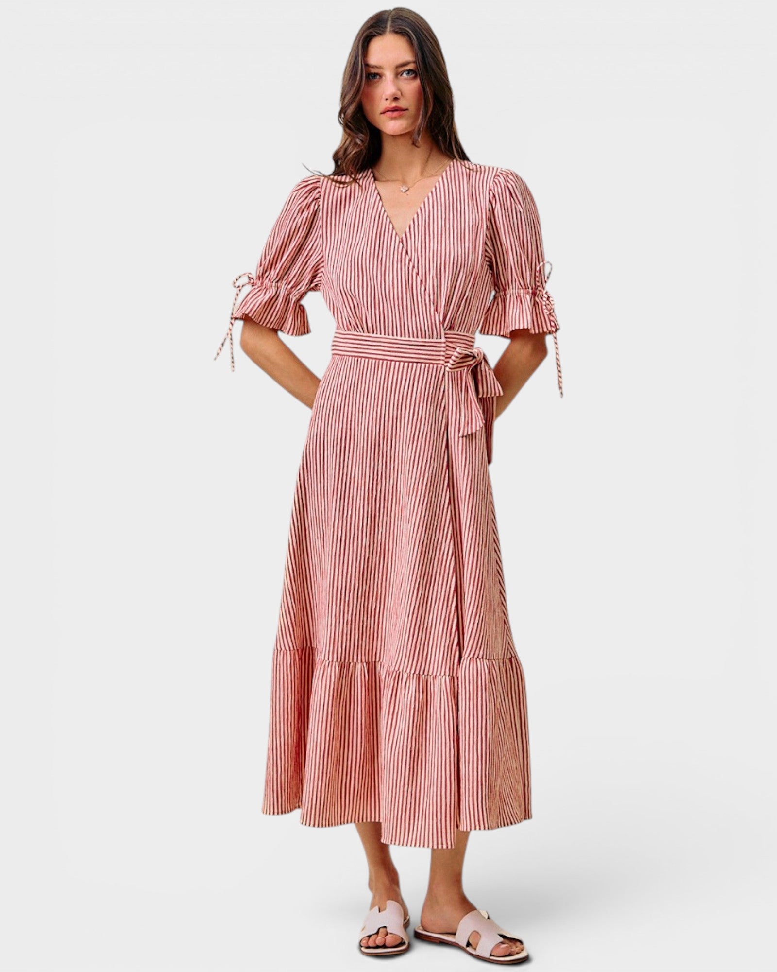 Red Stripe Wrap Midi Dress