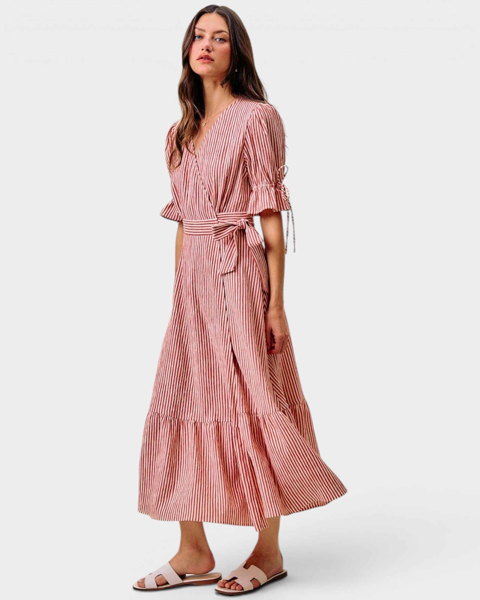 Red Stripe Wrap Midi Dress