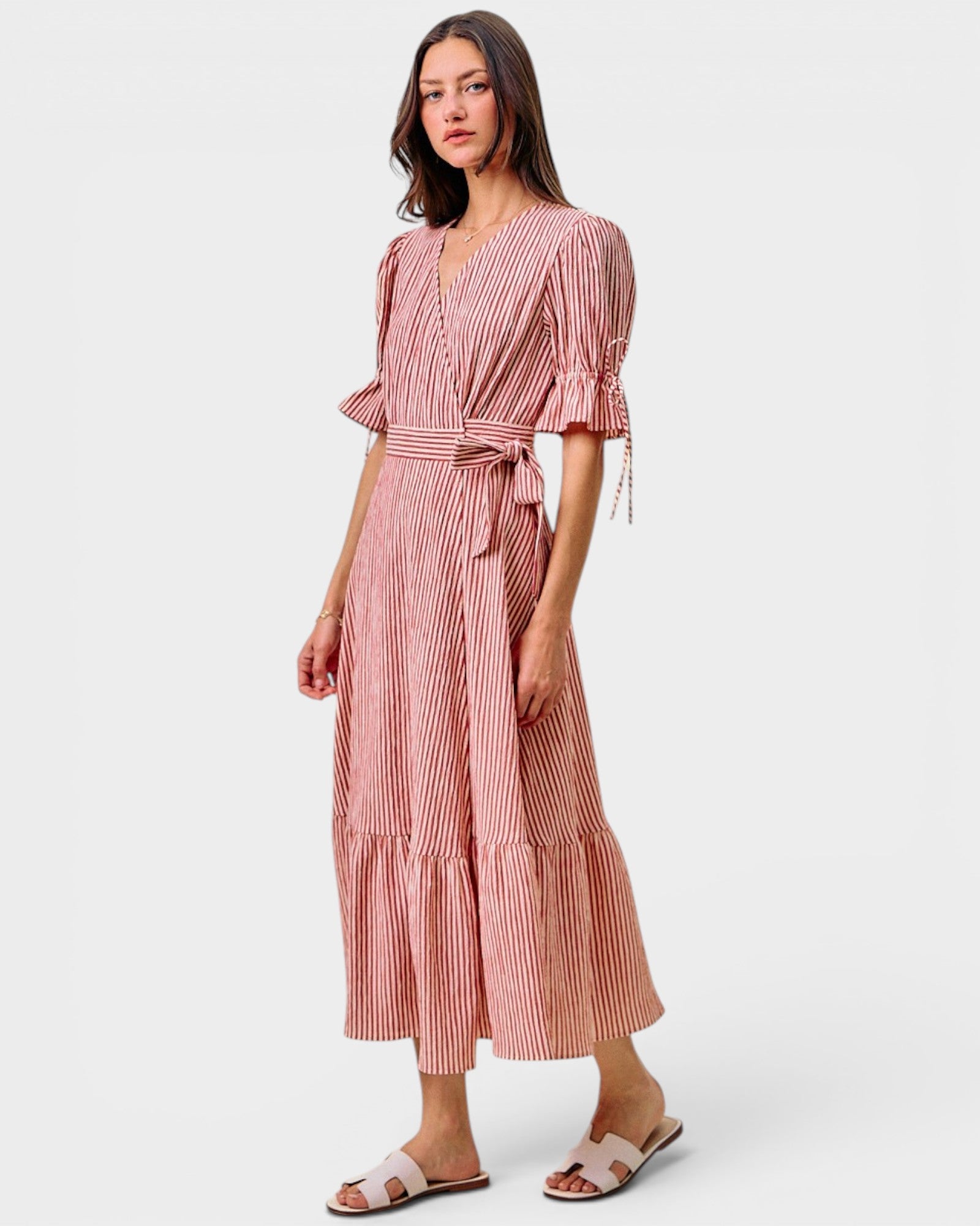 Red Stripe Wrap Midi Dress