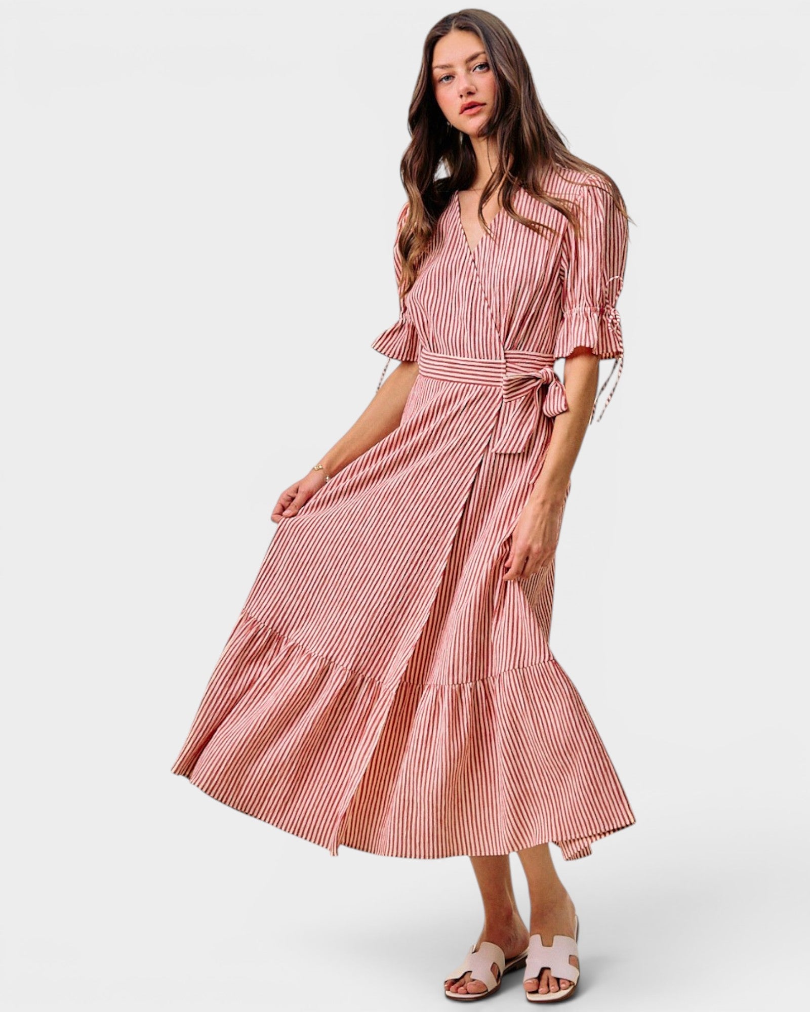 Red Stripe Wrap Midi Dress