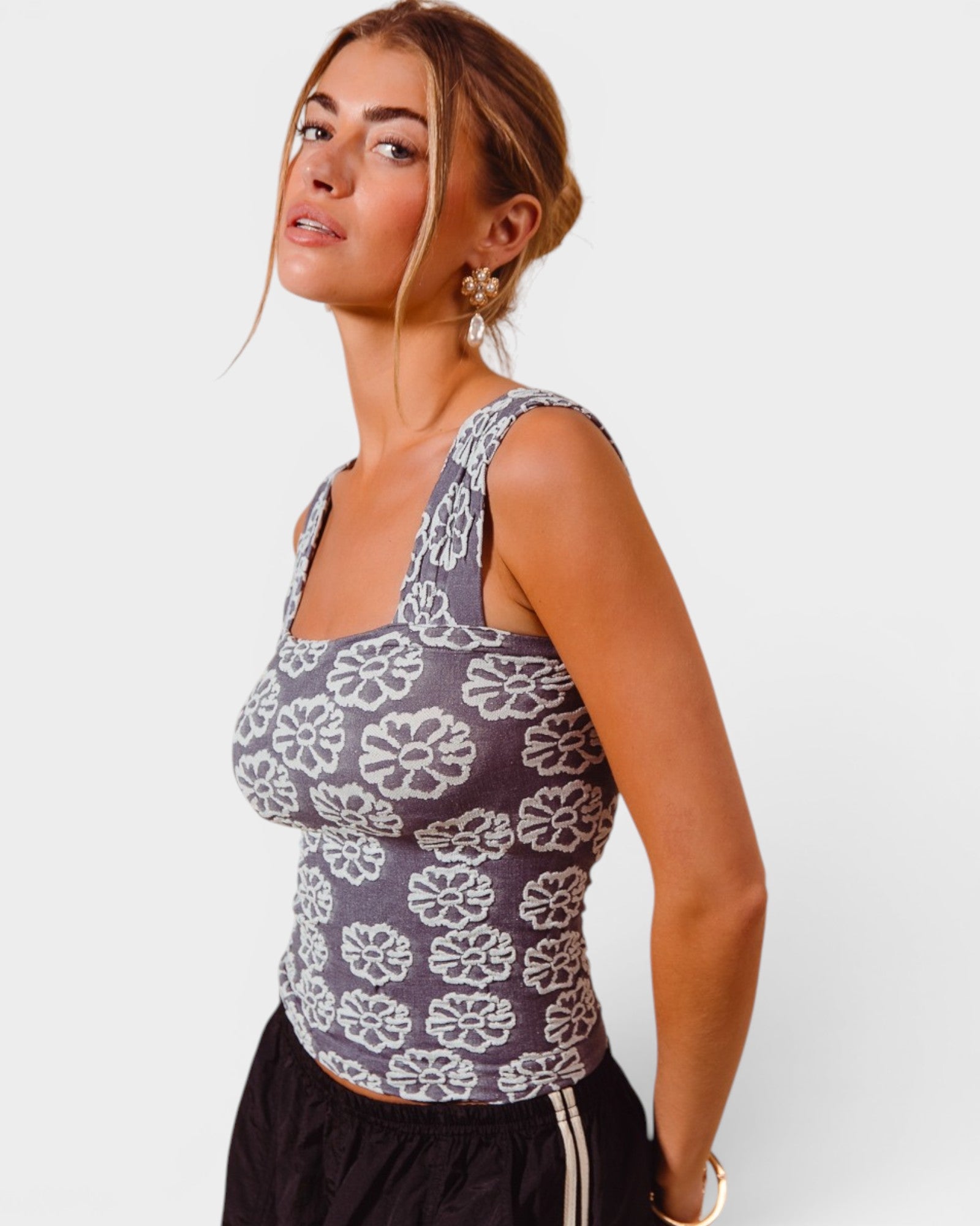 Charcoal Floral Seamless Square Neck Tank