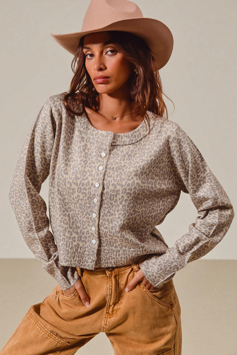 Taupe Leopard Button Front Top