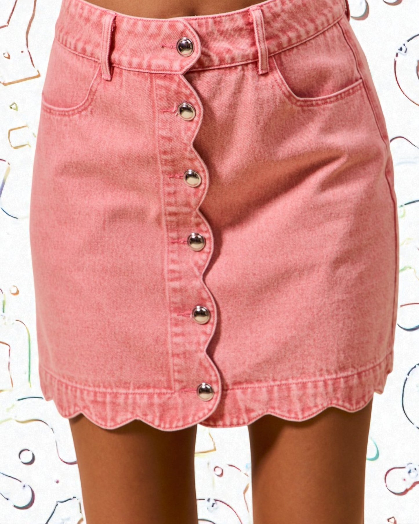 Pink Scallop Hem Denim Mini Skirt