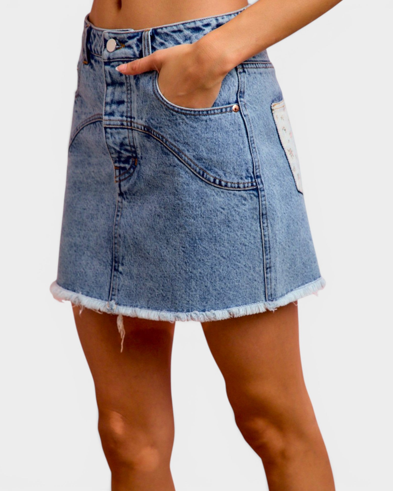 Light Wash Floral Pocket Denim Mini Skirt