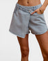 Light blue denim shorts worn by a person on a plain background