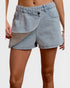 Denim shorts with a layered design on a plain background