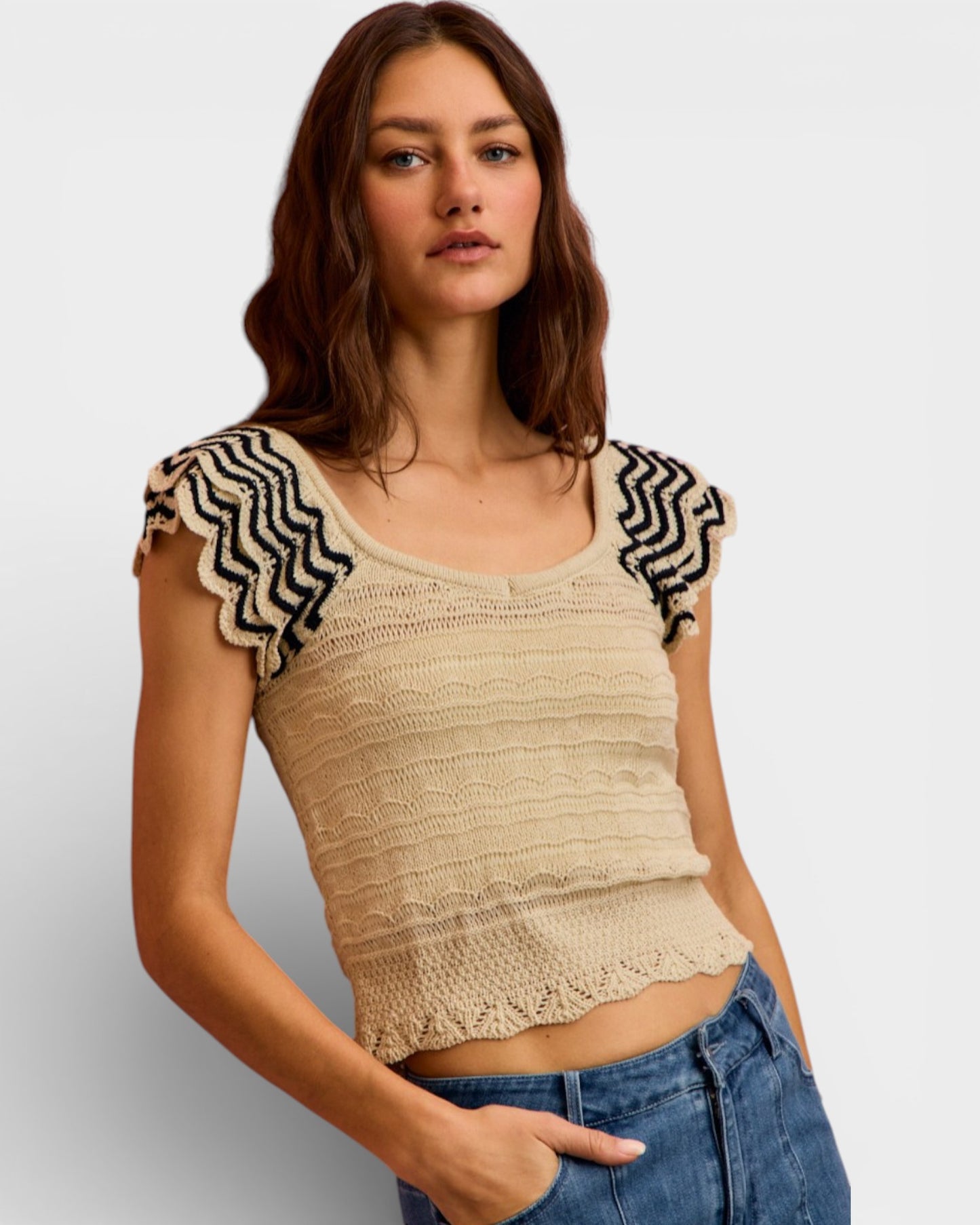 Oatmeal & Black Zigzag Sleeve Knit Top