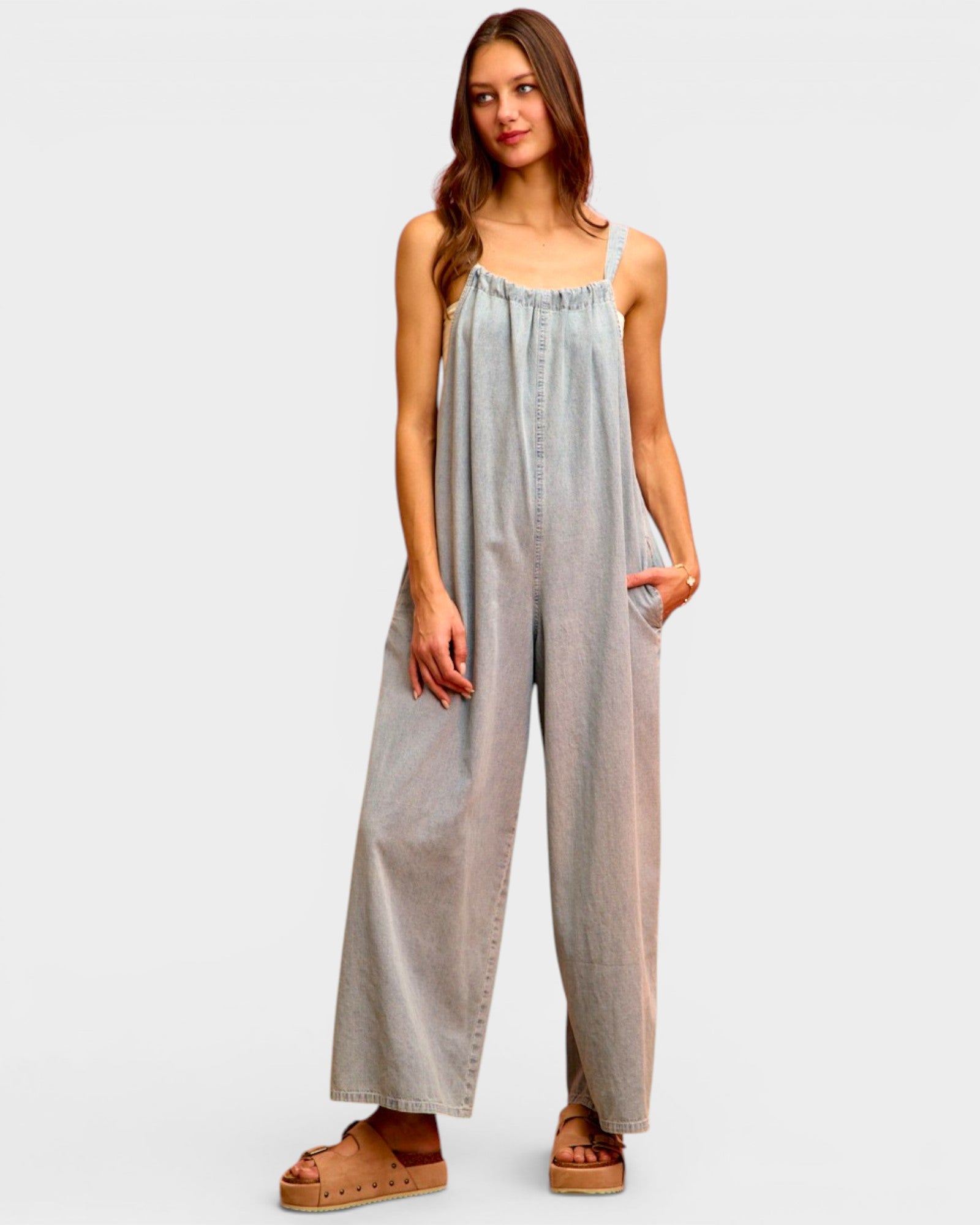 Light Wash Wide Leg Denim Overalls