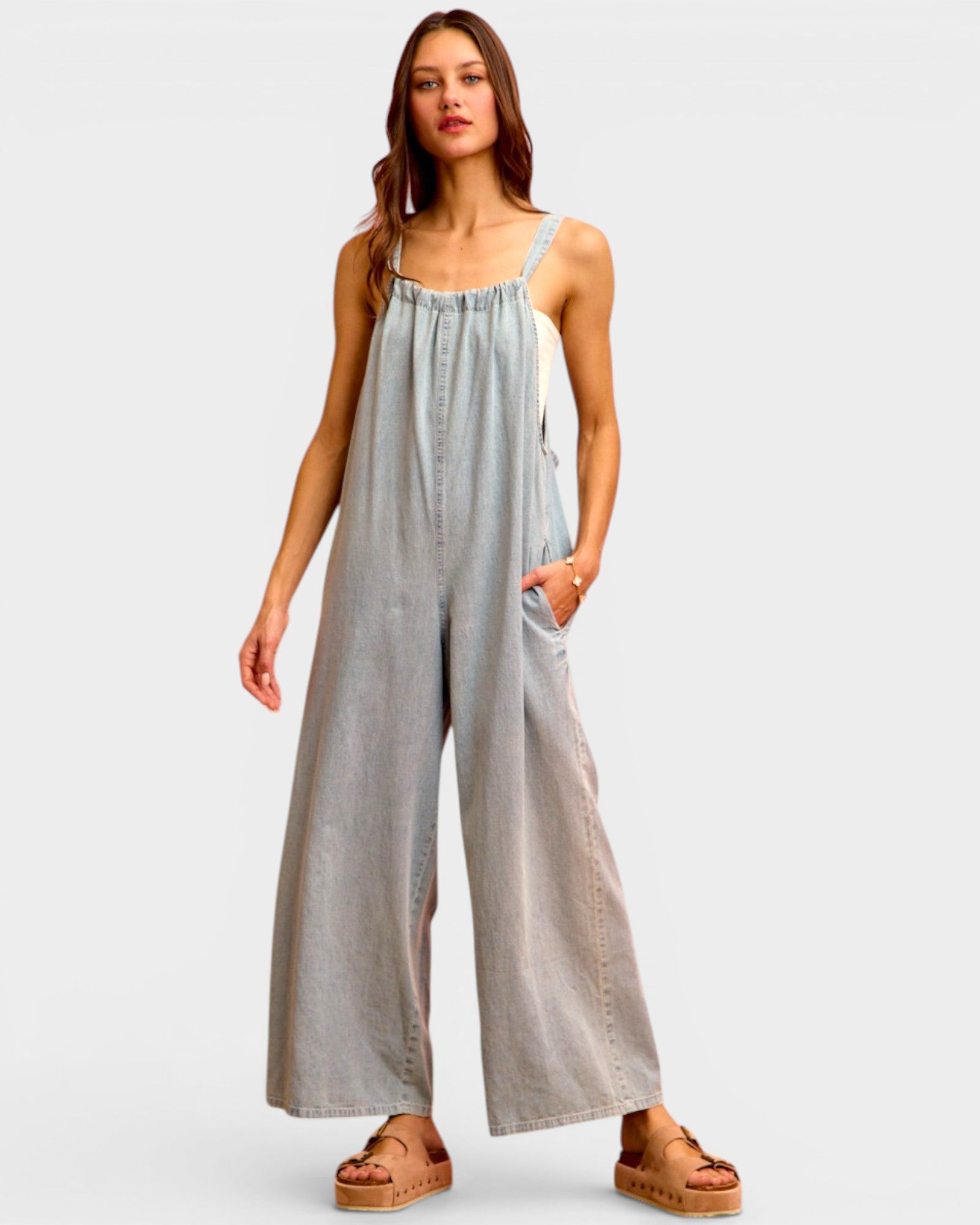 Light Wash Wide Leg Denim Overalls