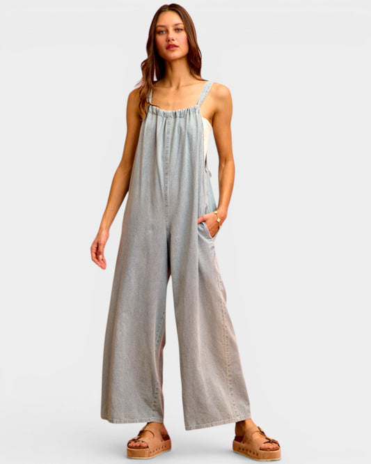 Light Wash Wide Leg Denim Overalls