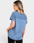 Woman wearing a blue t-shirt on a white background