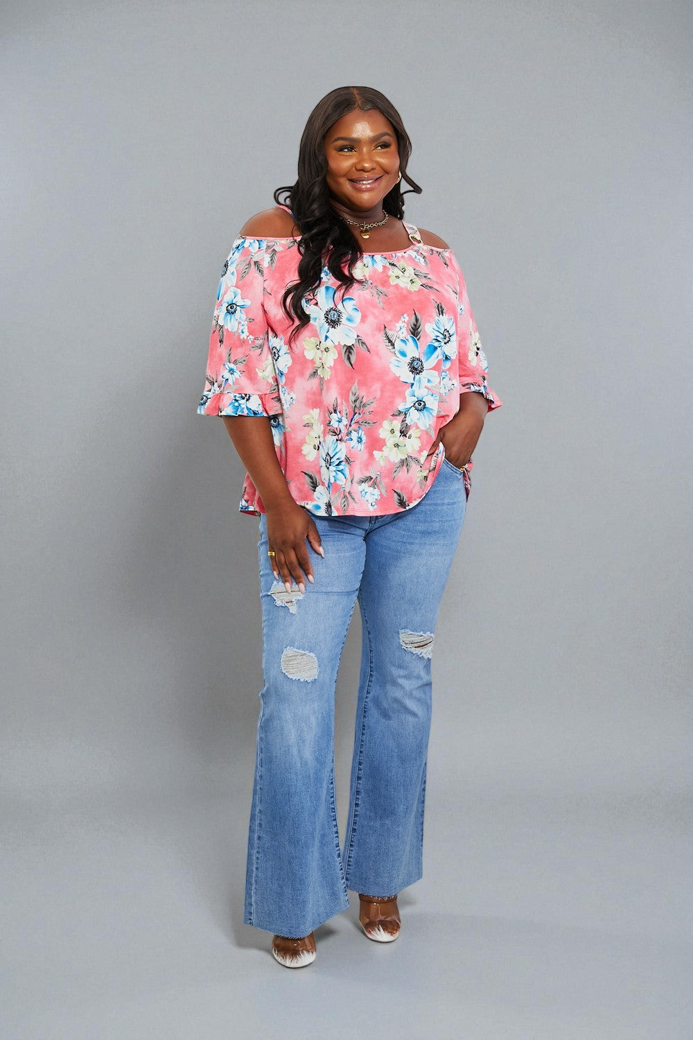 Top floral con hombros descubiertos Fresh Take en Rouge Pink