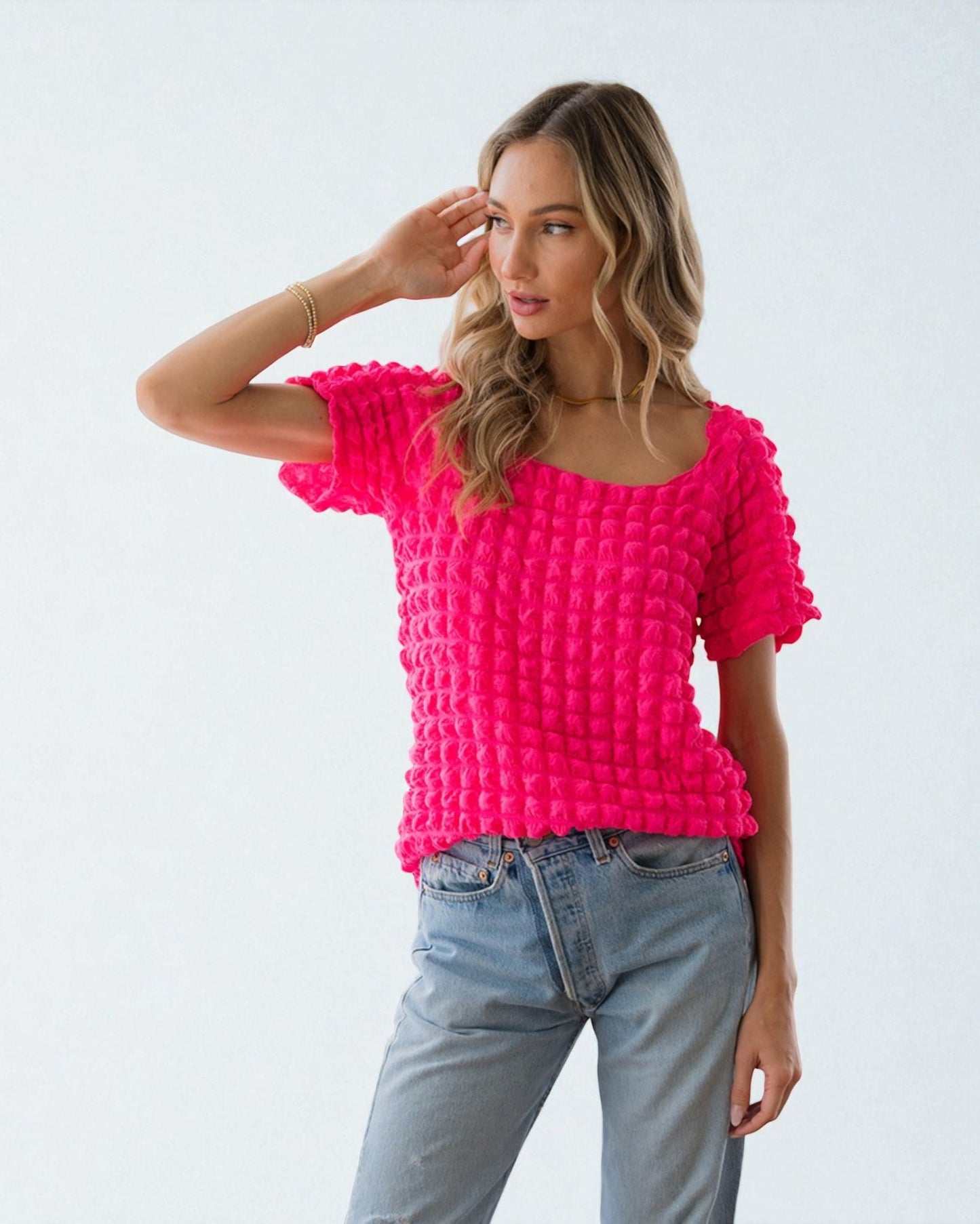 Hot Pink Textured Puff Square Neck Top