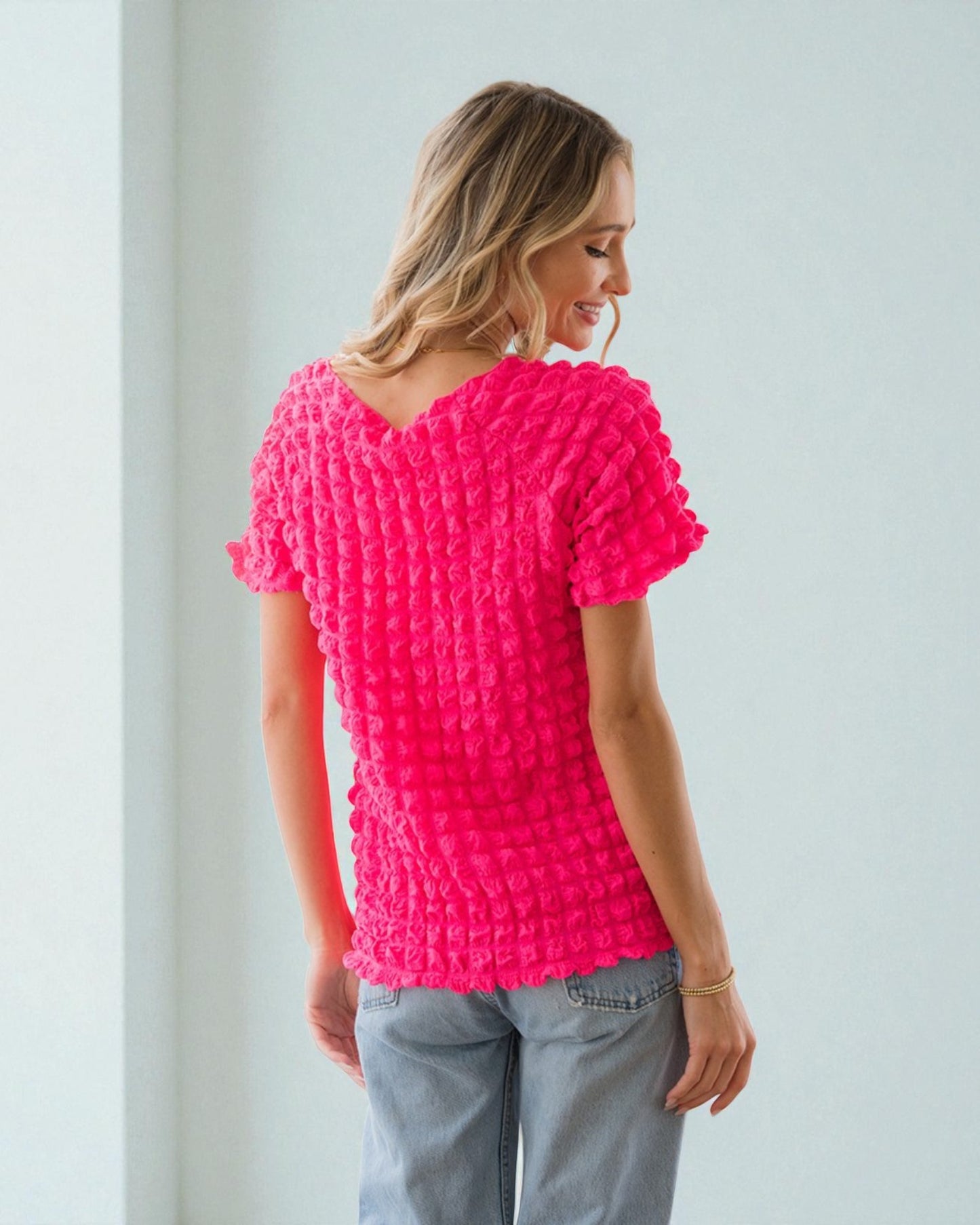 Hot Pink Textured Puff Square Neck Top