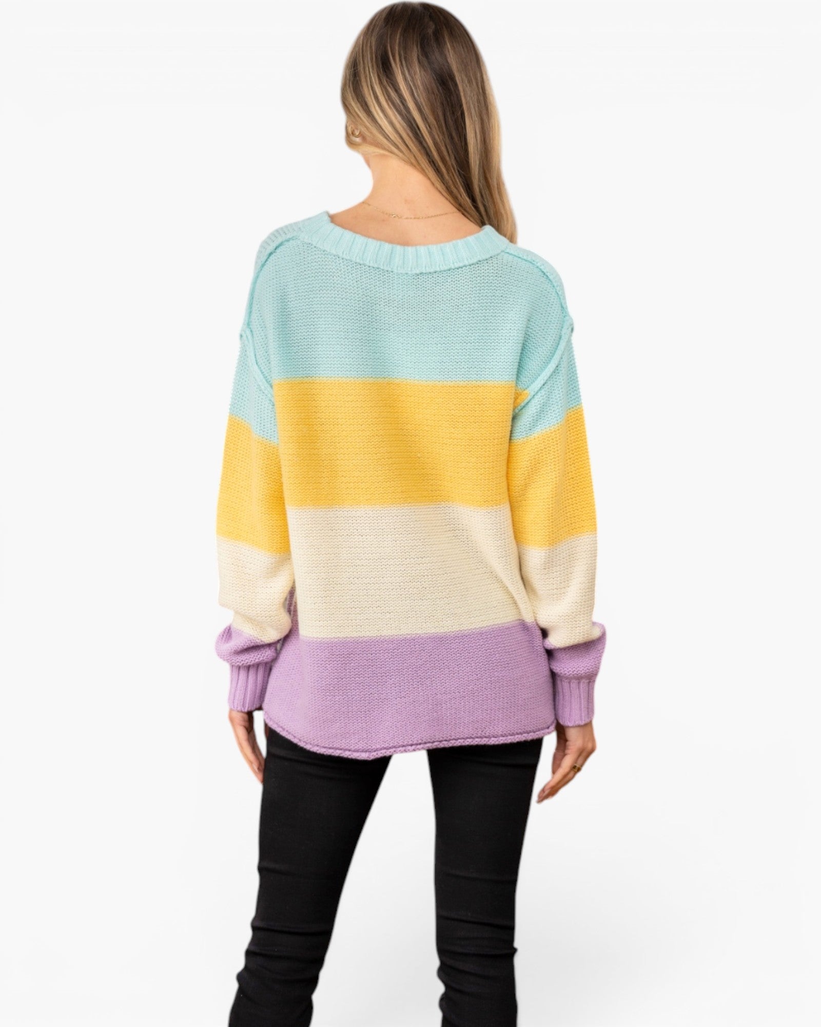 A woman viewed from the back wearing a pastel striped knit sweater with horizontal bands of light blue, yellow, cream, and lavender, paired with black pants, against a plain white studio background.