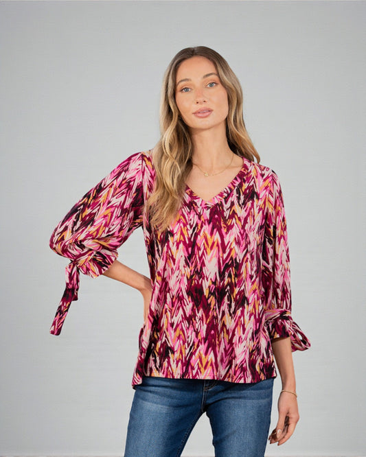 Fuchsia Multi Abstract Tie-Sleeve Blouse