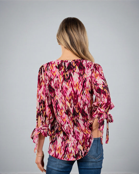 Fuchsia Multi Abstract Tie-Sleeve Blouse
