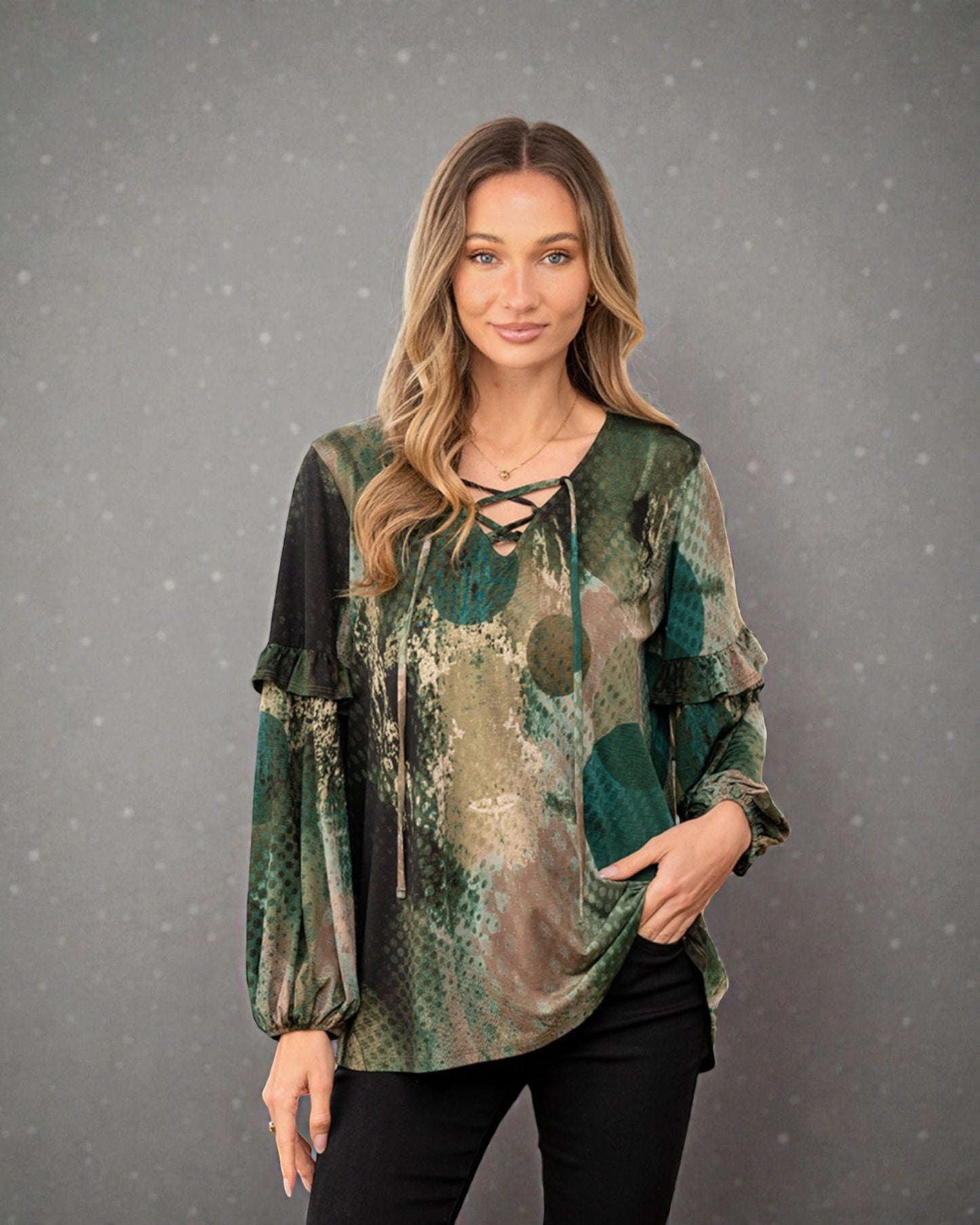 Teal & Olive Abstract Lace-Up Blouse