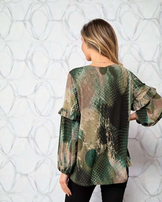 Teal & Olive Abstract Lace-Up Blouse