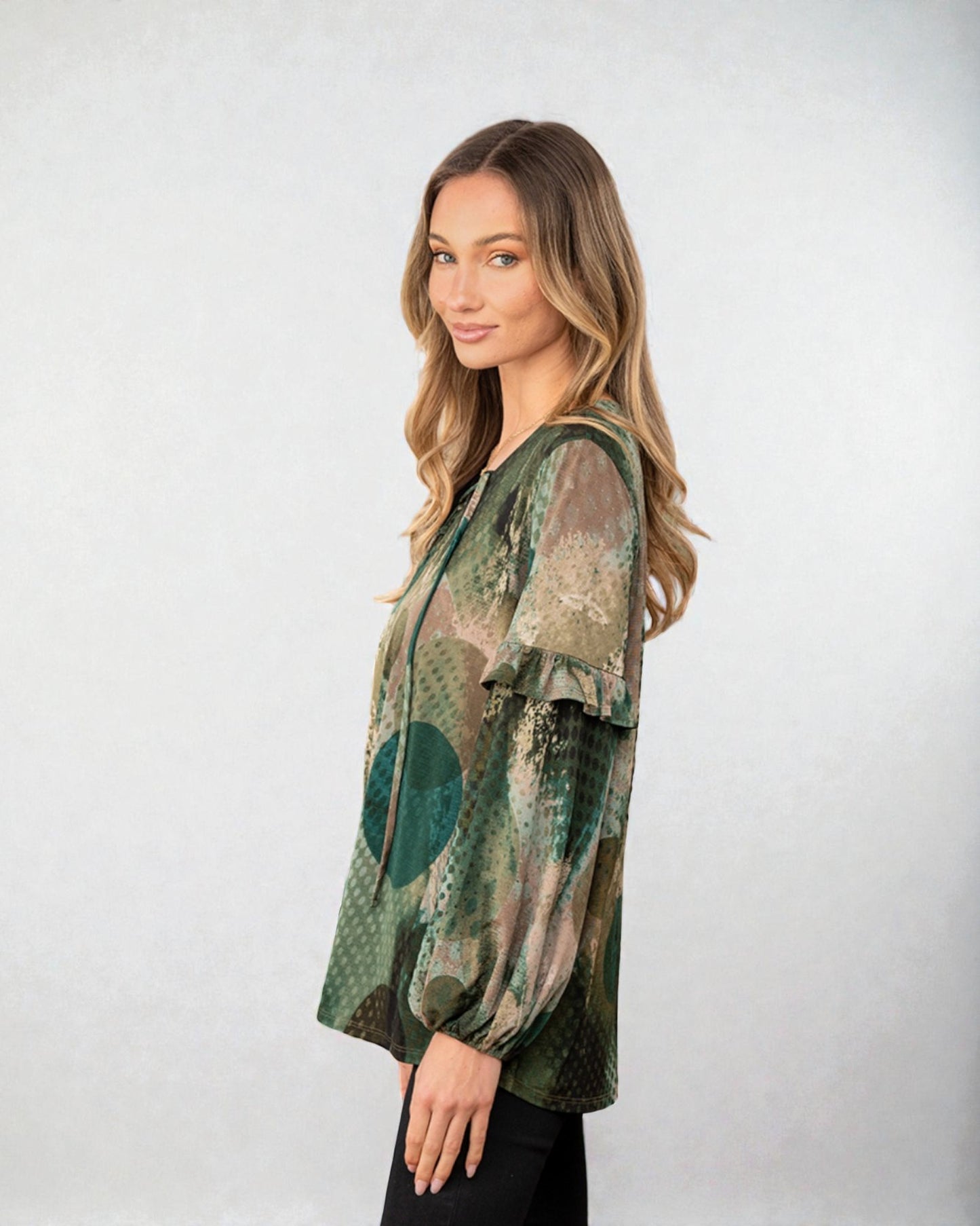 Teal & Olive Abstract Lace-Up Blouse