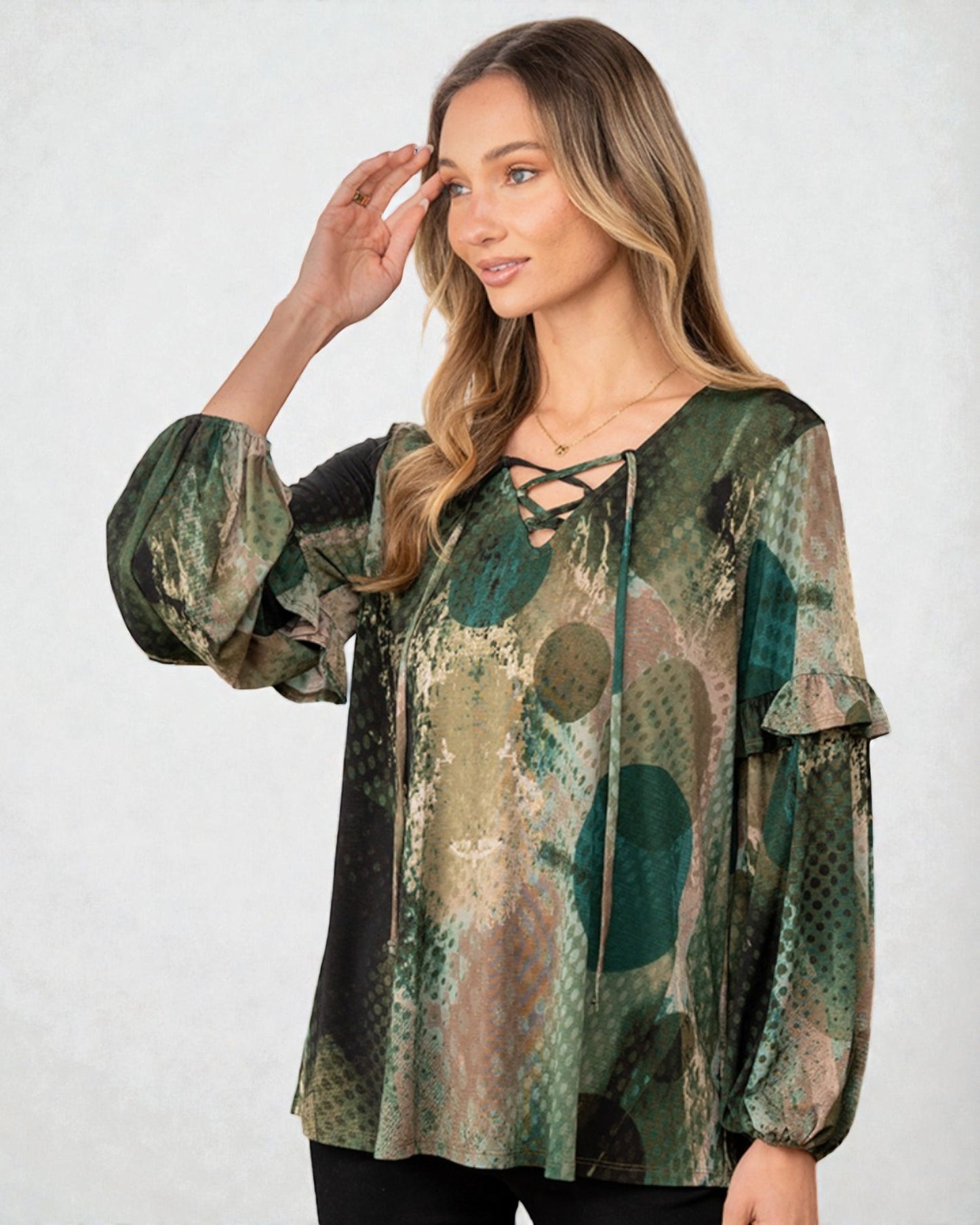 Teal & Olive Abstract Lace-Up Blouse