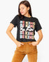 A woman wearing a black graphic t-shirt with a colorful 'BE KIND' text design and brown corduroy pants, posing against a light gray background.