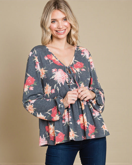 Chemisier à manches longues et basque fleuri en anthracite