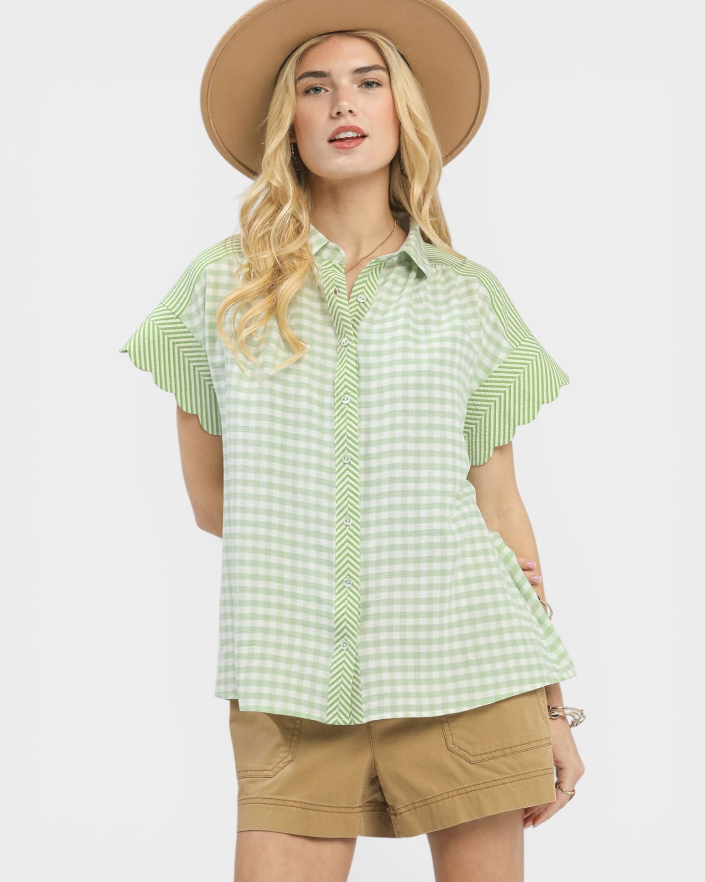 Sage & White Gingham Button Front Blouse