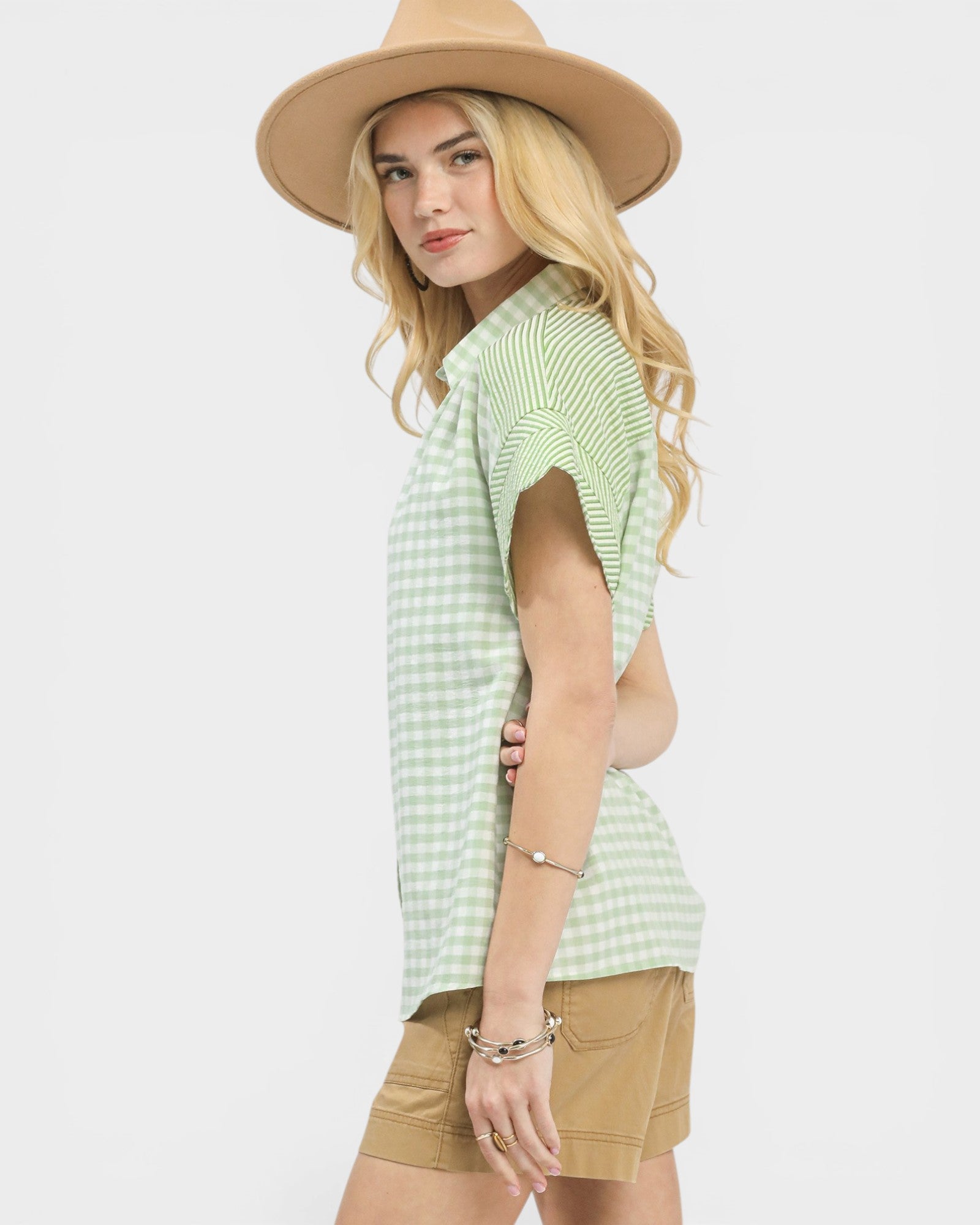 Sage & White Gingham Button Front Blouse
