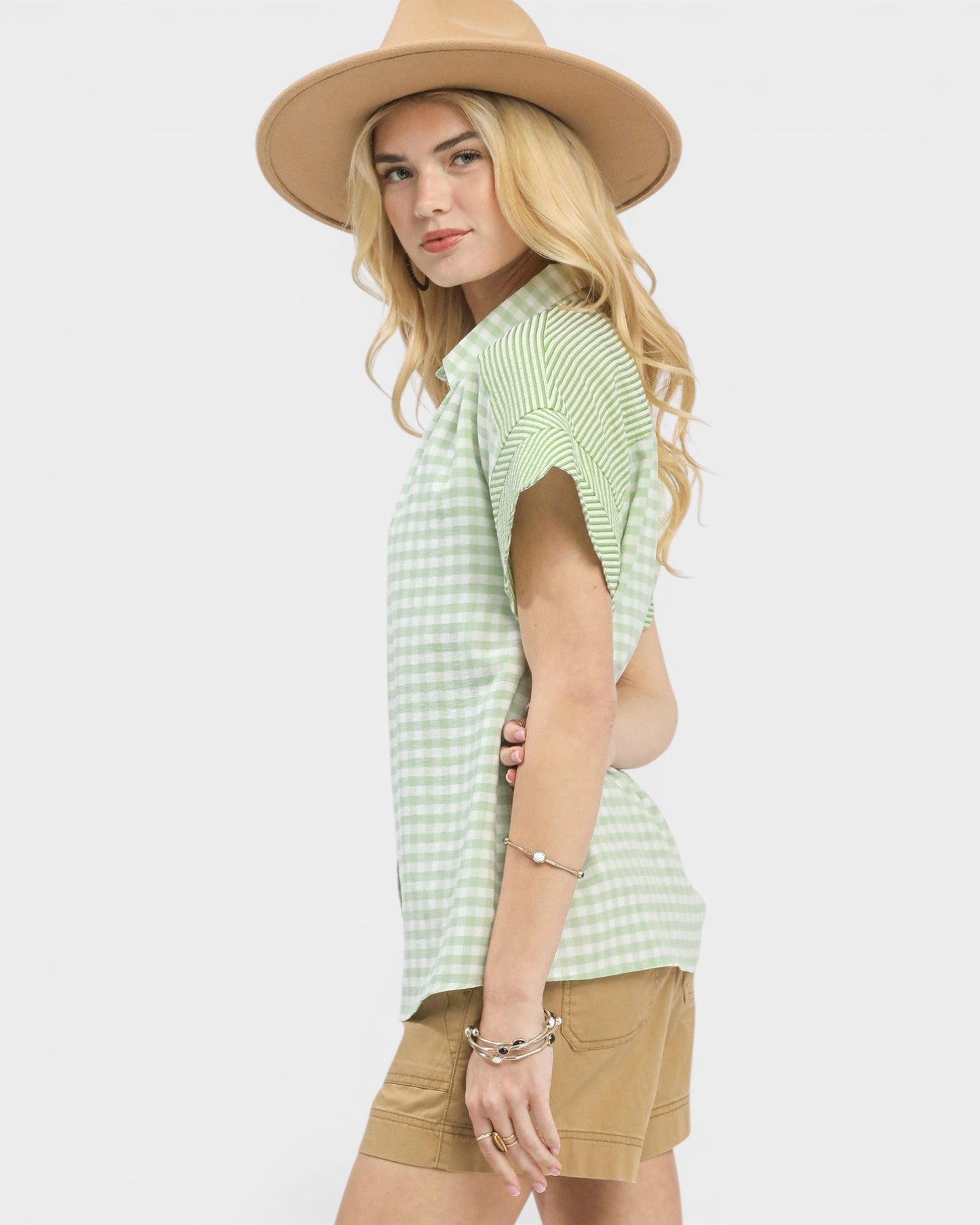 Sage & White Gingham Button Front Blouse