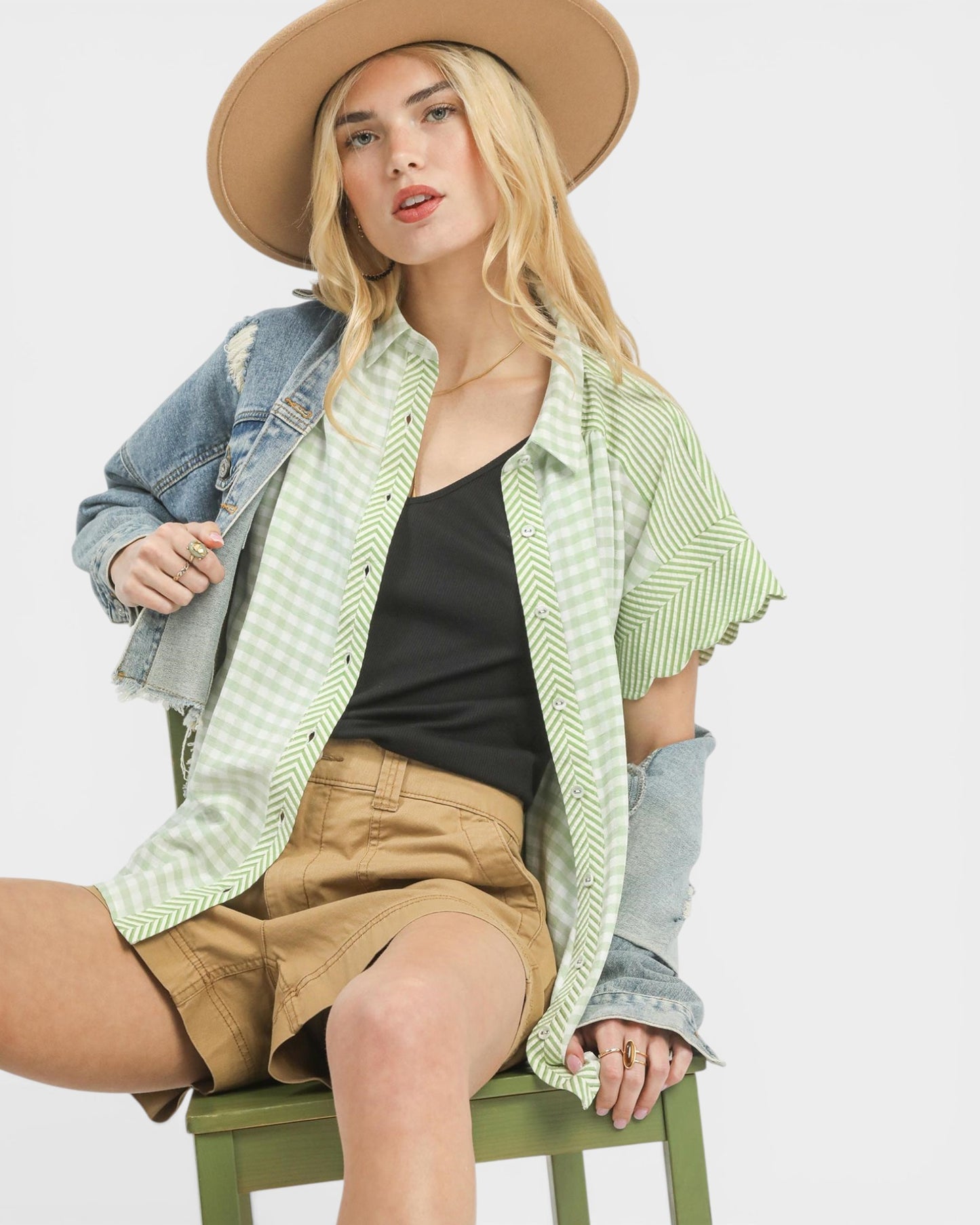 Sage & White Gingham Button Front Blouse