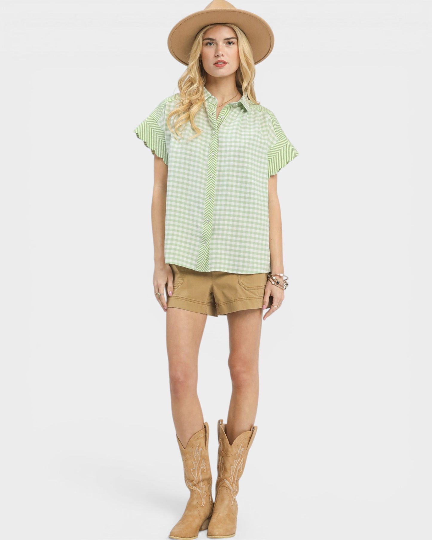 Sage & White Gingham Button Front Blouse