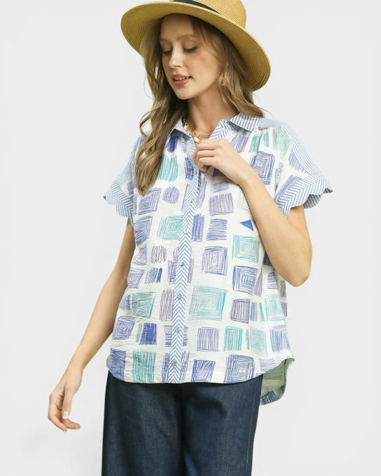 Blue & Mint Abstract Stripe Blouse