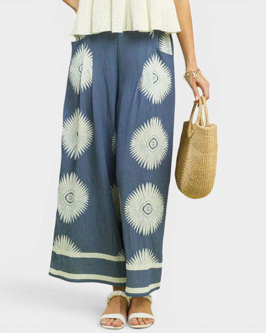 Dusty Blue Sunburst Print Wide Leg Pants