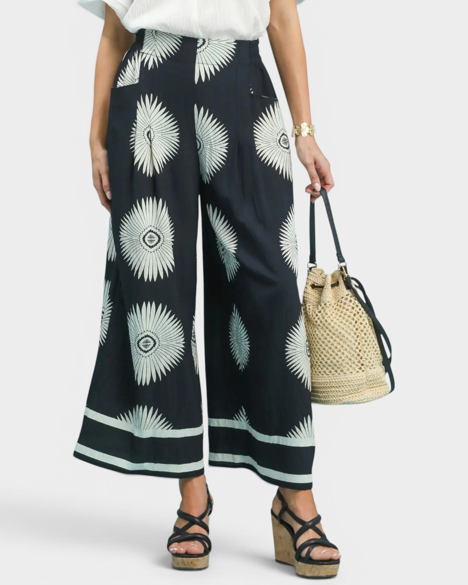 Black Sunburst Print Wide Leg Pants