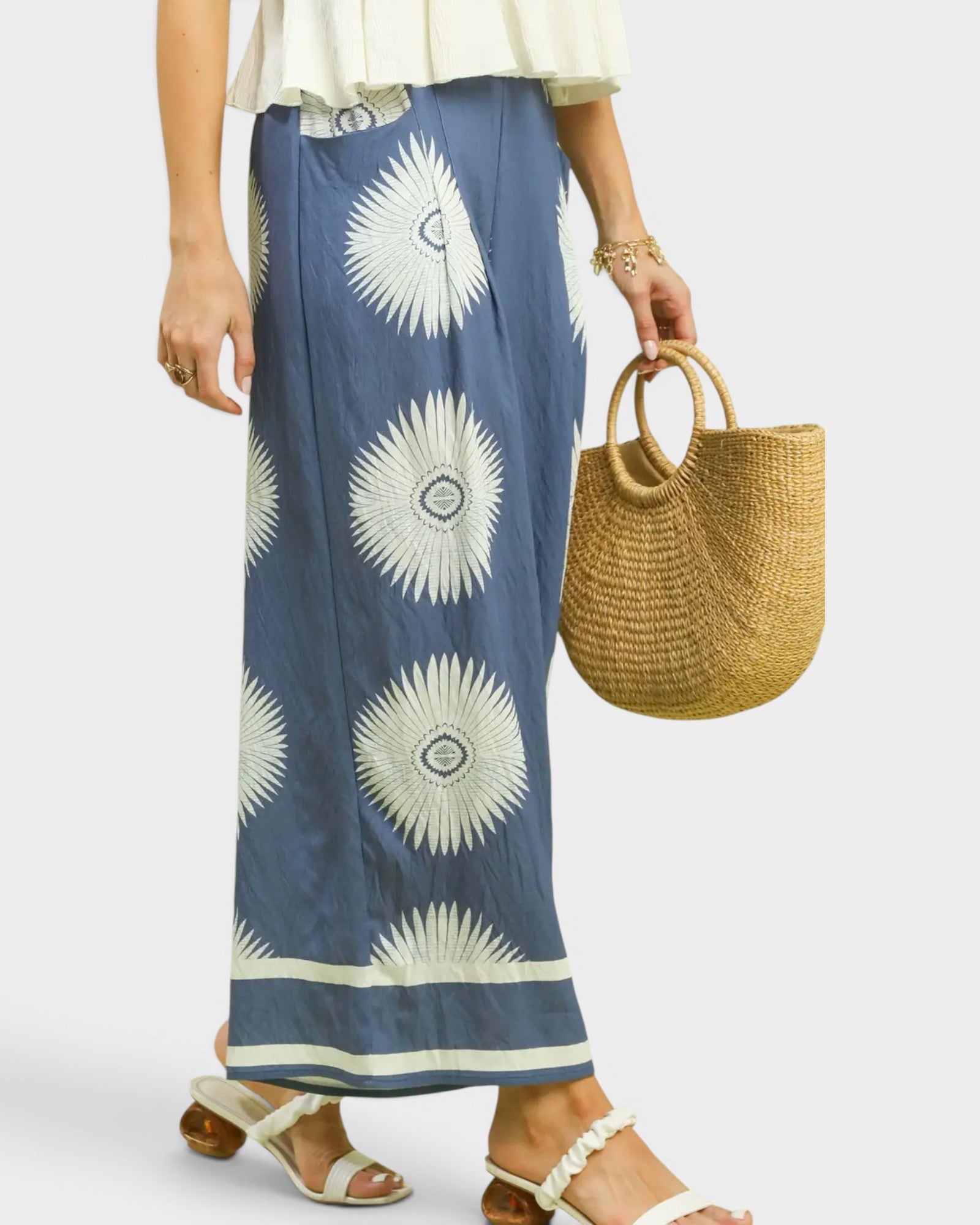 Dusty Blue Sunburst Print Wide Leg Pants