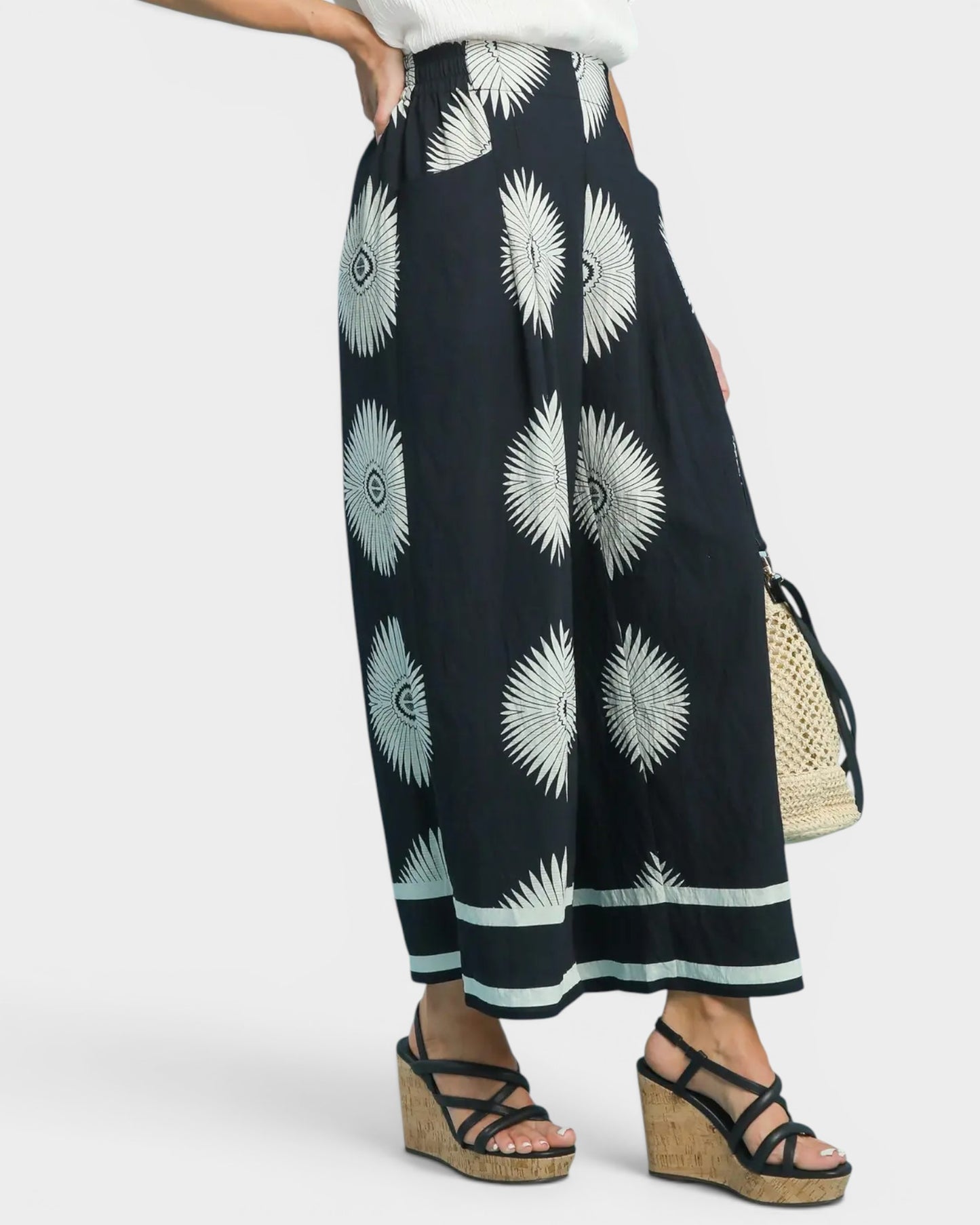 Black Sunburst Print Wide Leg Pants