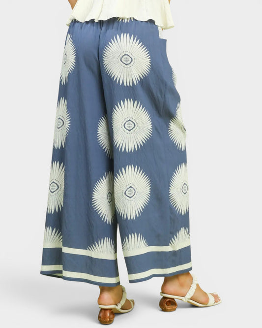 Dusty Blue Sunburst Print Wide Leg Pants