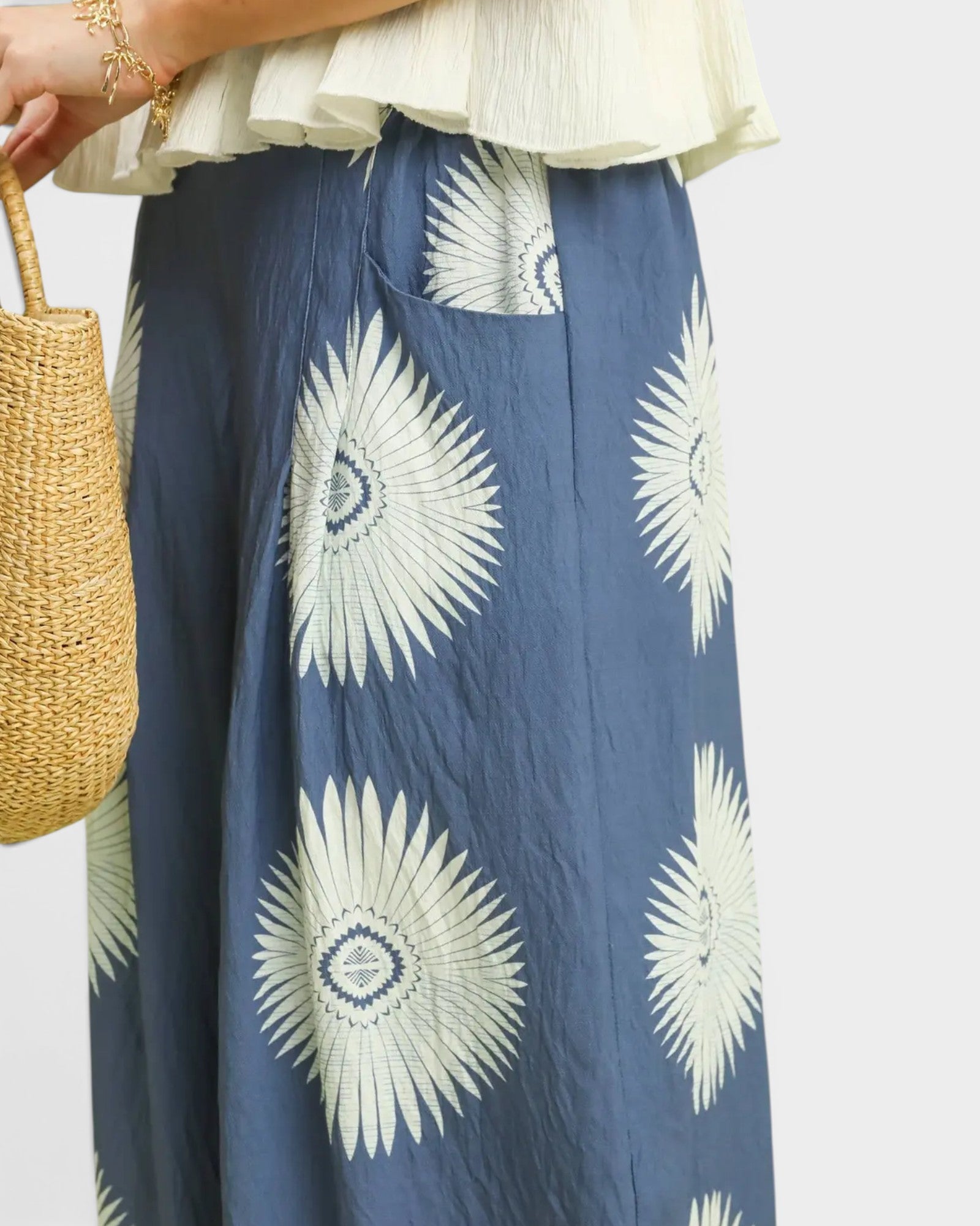 Dusty Blue Sunburst Print Wide Leg Pants