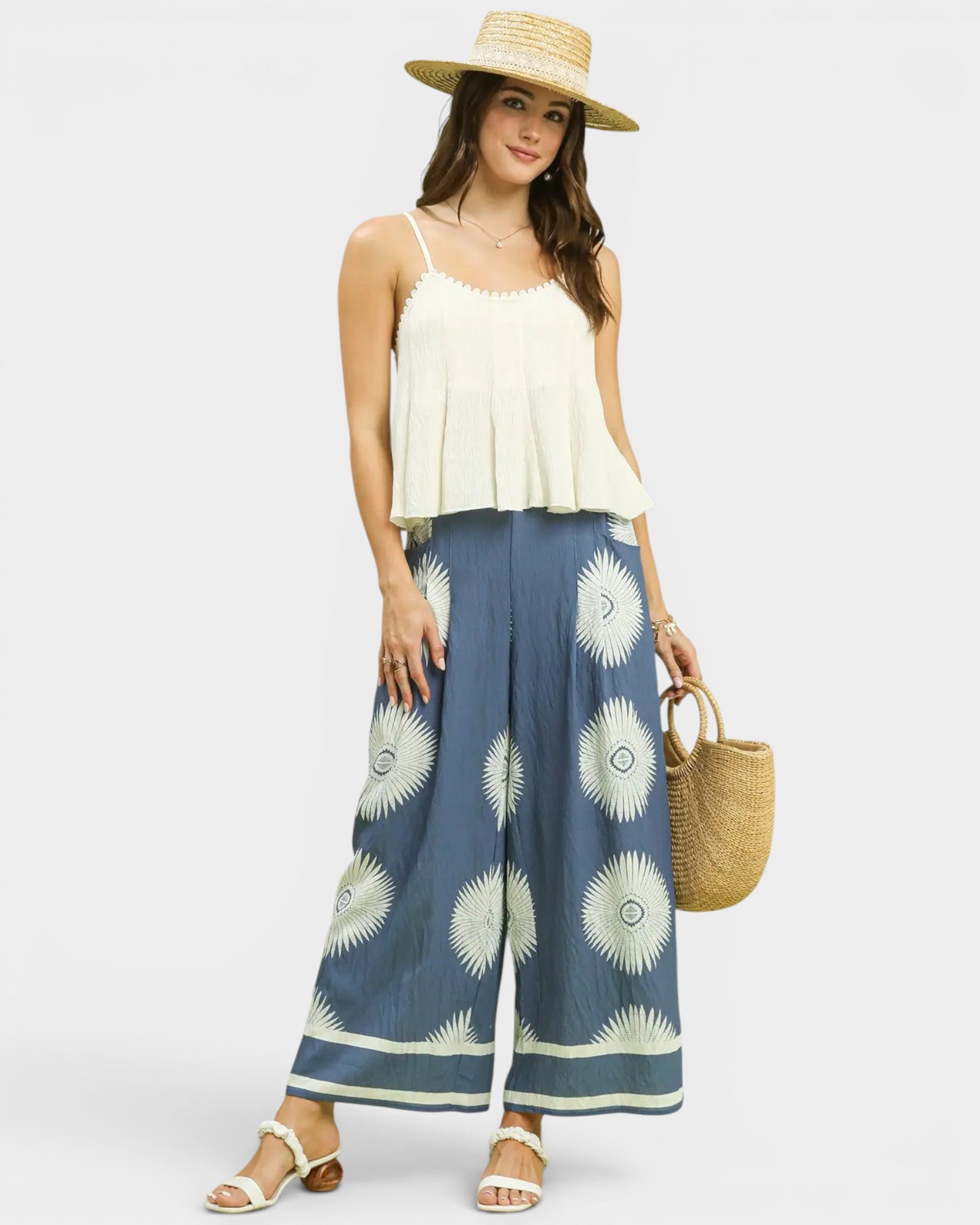 Dusty Blue Sunburst Print Wide Leg Pants