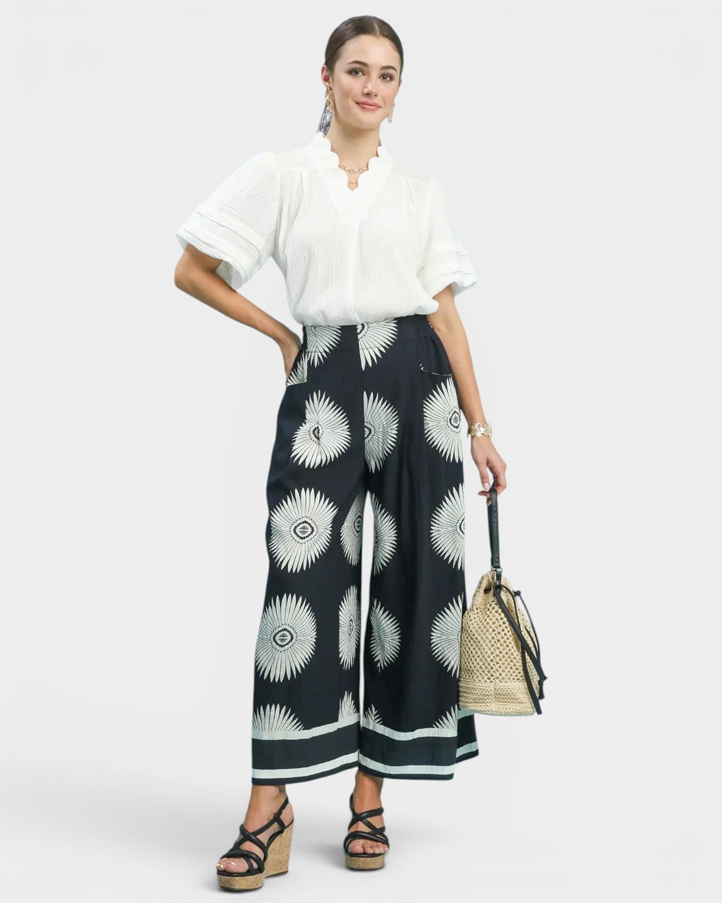 Black Sunburst Print Wide Leg Pants