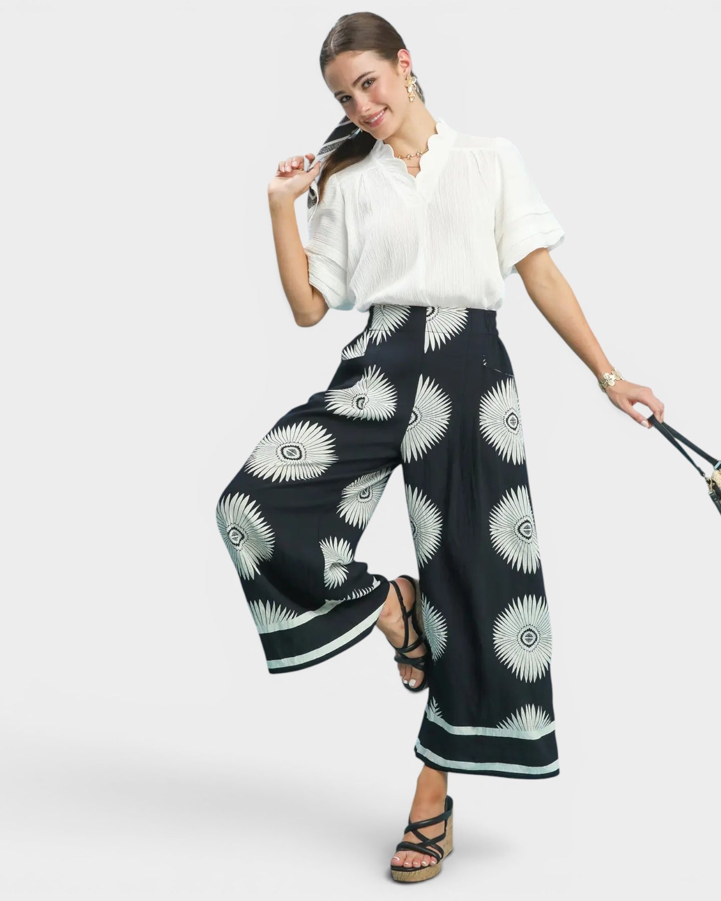Black Sunburst Print Wide Leg Pants